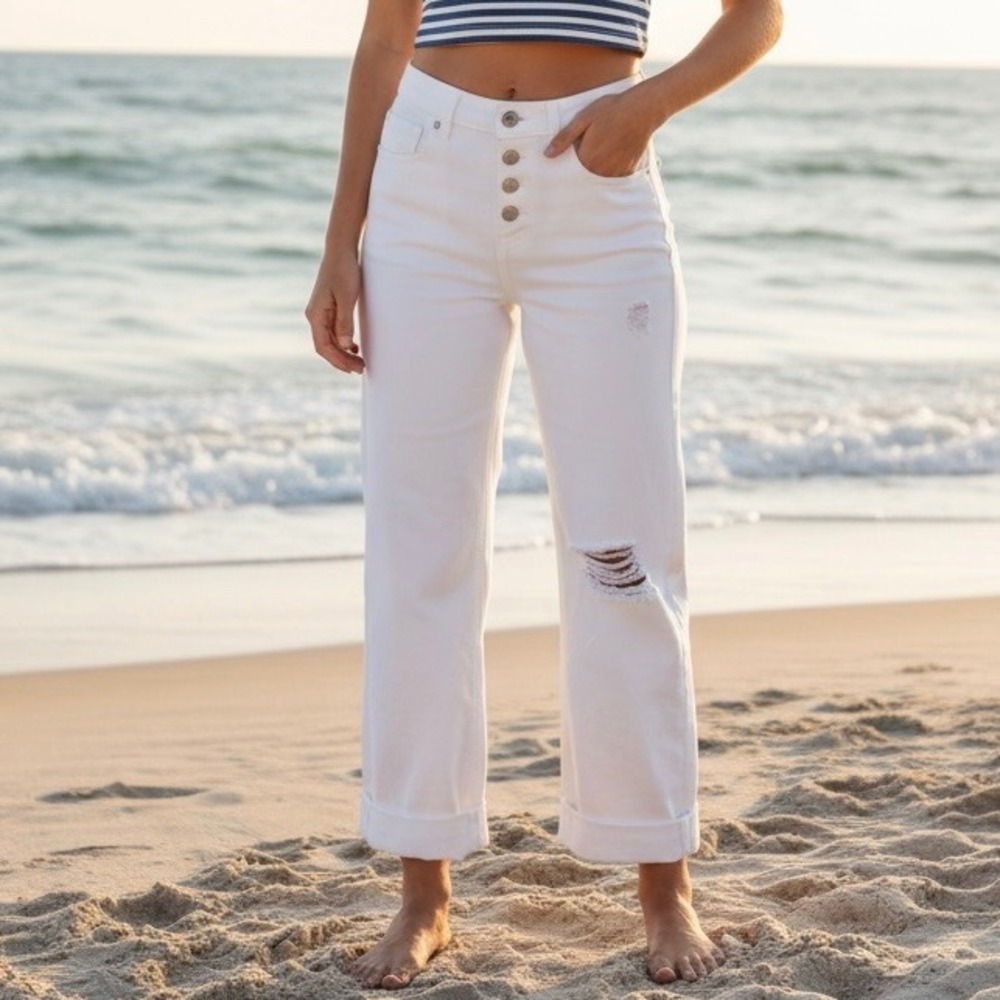 White Distressed High Rise Button Fly Jeans Sz 29 Beachy Summer Boho Festival